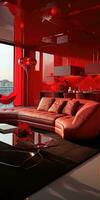 conception de une moderne appartement dans rouge nuances, cuisine et vivant chambre. génératif ai photo