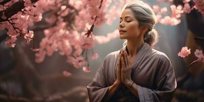 une aux cheveux gris asiatique femme dans une kimono prie en dessous de floraison arbre. génératif ai photo