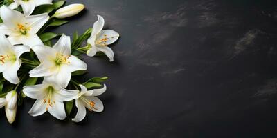 blanc fleurs de lys sur noir arrière-plan, Haut voir, espace pour texte ou votre produit. génératif ai photo