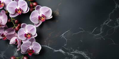 branche de rose orchidée sur noir marbre Contexte Haut voir, génératif ai photo