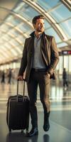 homme à le aéroport. Voyage thème. génératif ai photo