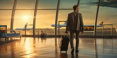 une homme avec une valise à le aéroport dans le des rayons de le coucher du soleil. génératif ai photo