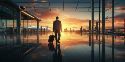 une homme avec une valise à le aéroport dans le des rayons de le coucher du soleil. génératif ai photo