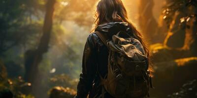 fille touristique avec une sac à dos dans une magnifique forêt. actif mode de vie. génératif ai photo