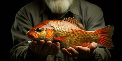 poisson dans mains proche en haut de thème de pêche. génératif ai photo