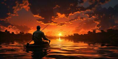une homme dans une bateau est pêche sur le Lac contre le toile de fond de le coucher du soleil. génératif ai photo