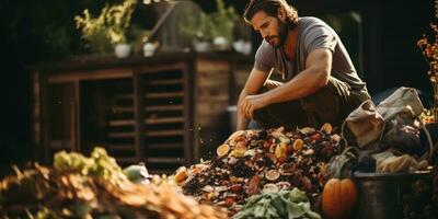 une homme composts nourriture déchets dans le sien jardin. écologique utilisation de aliments. génératif ai photo