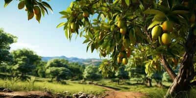 les pêches croissance sur arbre dans été. délicieux et en bonne santé biologique aliments. génératif ai photo