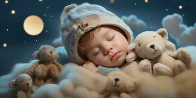 peu mignonne bébé dort dans le sien lit. le thème de rêves. génératif ai photo
