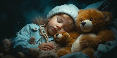 une petit enfant câlins une nounours ours dans une rêve. génératif ai photo