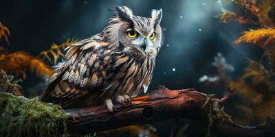 fermer photo de un hibou à nuit dans le forêt. génératif ai