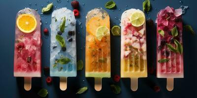 fruit popsicle sur une foncé arrière-plan, juteux des fruits. génératif ai photo