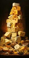 gros montagnes de Frais Jaune fromage. beaucoup de différent les fromages. génératif ai photo