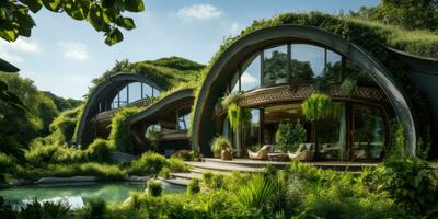 moderne gratte-ciel avec des arbres et verdure autour, ville le avenir. génératif ai photo