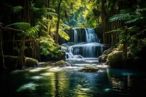 une étourdissant cascade entouré par luxuriant vert forêt photo