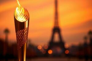 une torche avec le iconique Eiffel la tour comme une étourdissant toile de fond photo