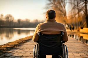 une homme dans une fauteuil roulant profiter le scénique vue de une tranquille Lac photo