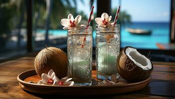 paradis paysage avec noix de coco boisson et lotus fleurs. ai généré photo