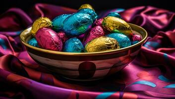 fermer de une bol avec coloré Chocolat des œufs. ai généré photo