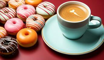 bleu tasse de café et savoureux beignets. ai généré photo