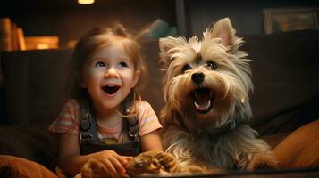 content fille avec une chien.créé par génératif ai photo