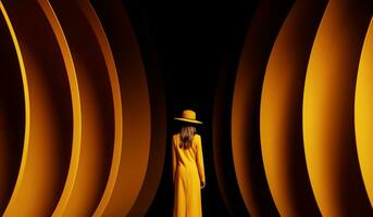 fille dans Jaune robe suivant à Jaune architectural modèle. ai généré photo