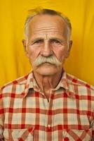 un personnes âgées homme avec une moustache et une coloré à carreaux chemise à la recherche tout droit à le caméra, ai généré photo