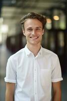 une Beau Jeune homme portant une blanc chemise permanent dans le rue souriant à le caméra. ai généré photo