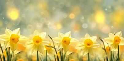 Jaune jonquilles dans de face de une lumière Contexte. bokeh panorama. ai généré photo