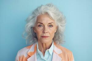 magnifique personnes âgées femme avec gris cheveux souriant à le caméra. content vieux âge concept, ai généré photo