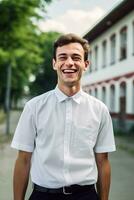 une Beau Jeune homme portant une blanc chemise permanent dans le rue souriant à le caméra. ai généré photo