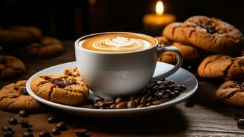 café tasse et biscuits sur en bois table ai généré photo