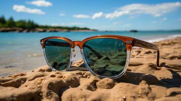 des lunettes de soleil sur le plage ai généré photo