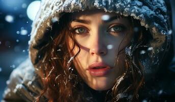 portrait de une femme en dessous de chute neige. hiver temps. ai généré photo