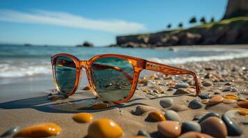 des lunettes de soleil sur le plage ai généré photo