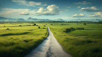 le paysage de herbe des champs et route leader ai généré photo