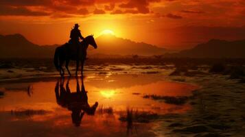 une homme monte une cheval dans le coucher du soleil ai généré photo