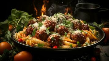 Pâtes avec Boulettes de viande ai généré photo