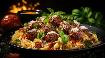 Pâtes avec Boulettes de viande ai généré photo