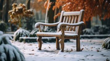 en bois chaise dans le hiver jardin ai généré photo