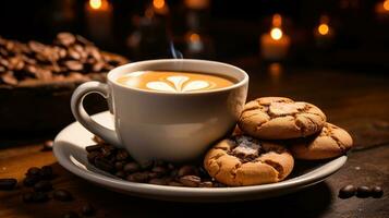 café tasse et biscuits sur en bois table ai généré photo