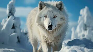 Arctique Loup en marchant dans neige ai généré photo