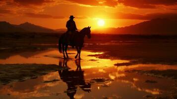 une homme monte une cheval dans le coucher du soleil ai généré photo