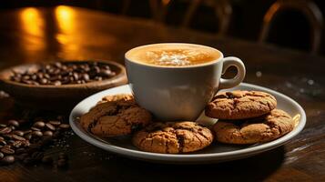 café tasse et biscuits sur en bois table ai généré photo