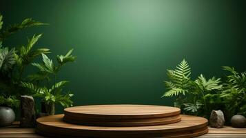 en bois podium avec vert Contexte ai généré photo