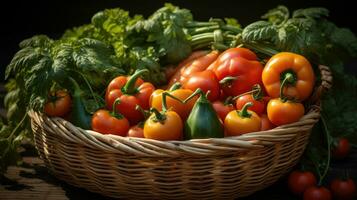 osier panier avec Frais biologique des légumes ai généré photo