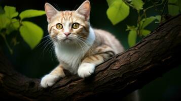 chat sur arbre branche ai généré photo