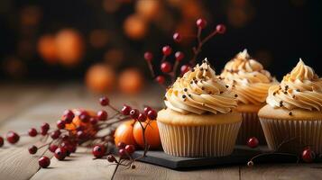 l'automne petit gâteau Contexte sur bois par génératif ai photo