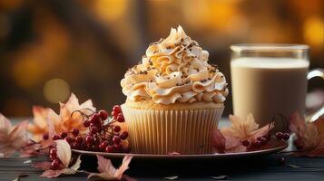 l'automne petit gâteau Contexte sur bois par génératif ai photo