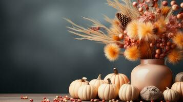 de fête l'automne décor de fleur et feuilles sur une blanc en bois Contexte par génératif ai photo